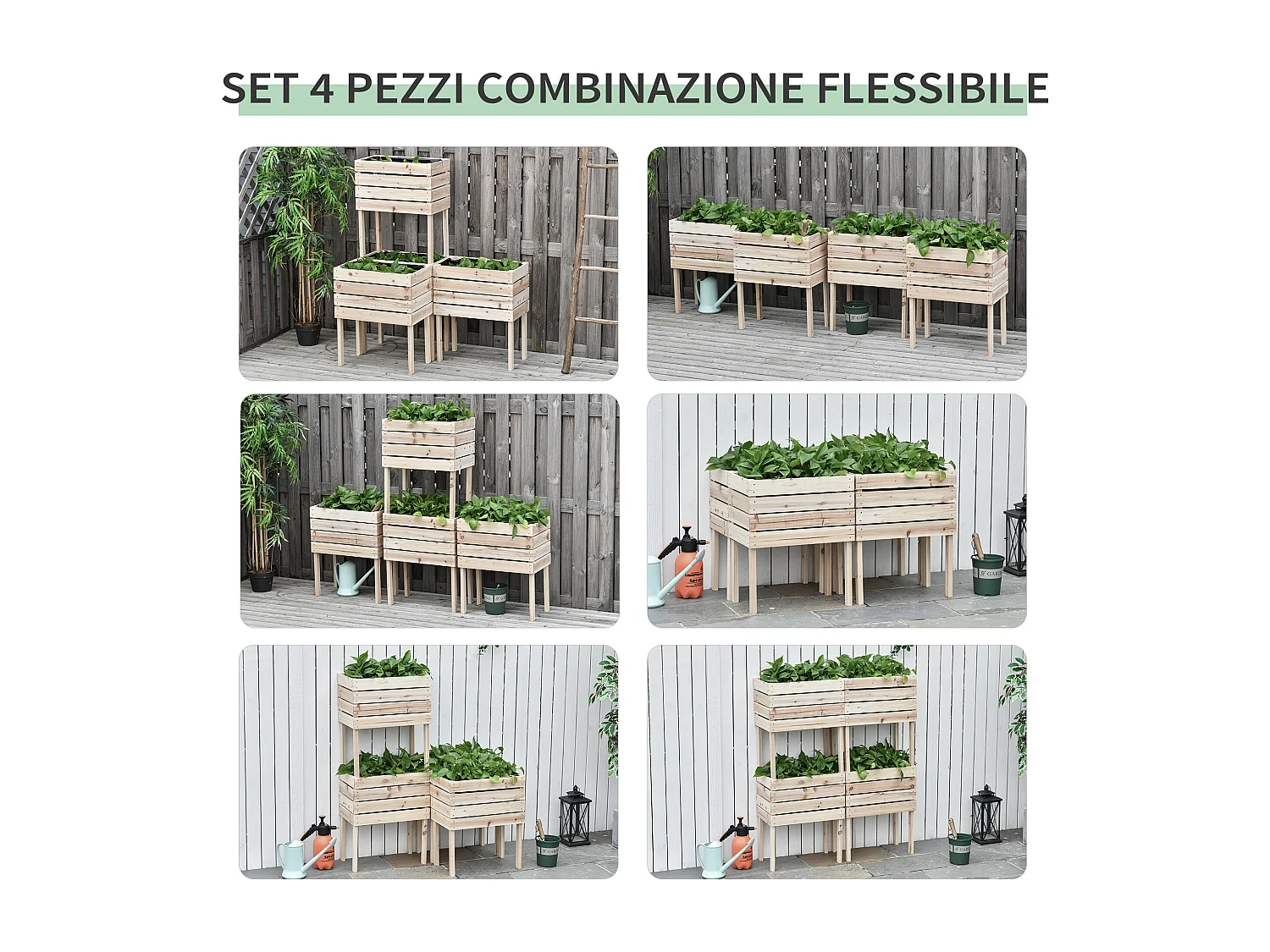 Fioriera da giardino in legno per orto con 4 vasi portapiante