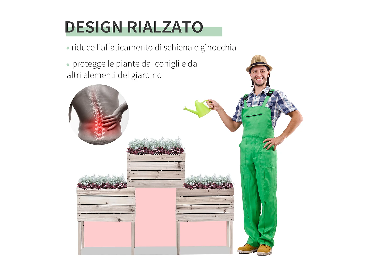 Fioriera da giardino in legno per orto con 4 vasi portapiante