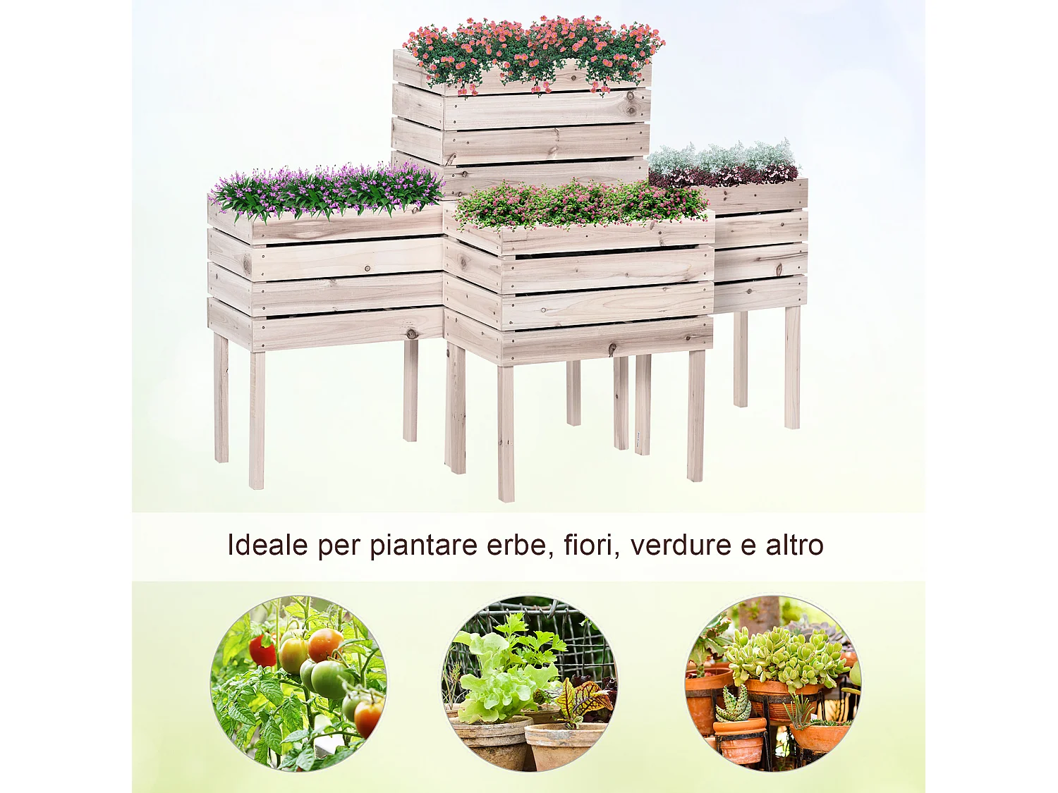 Fioriera da giardino in legno per orto con 4 vasi portapiante