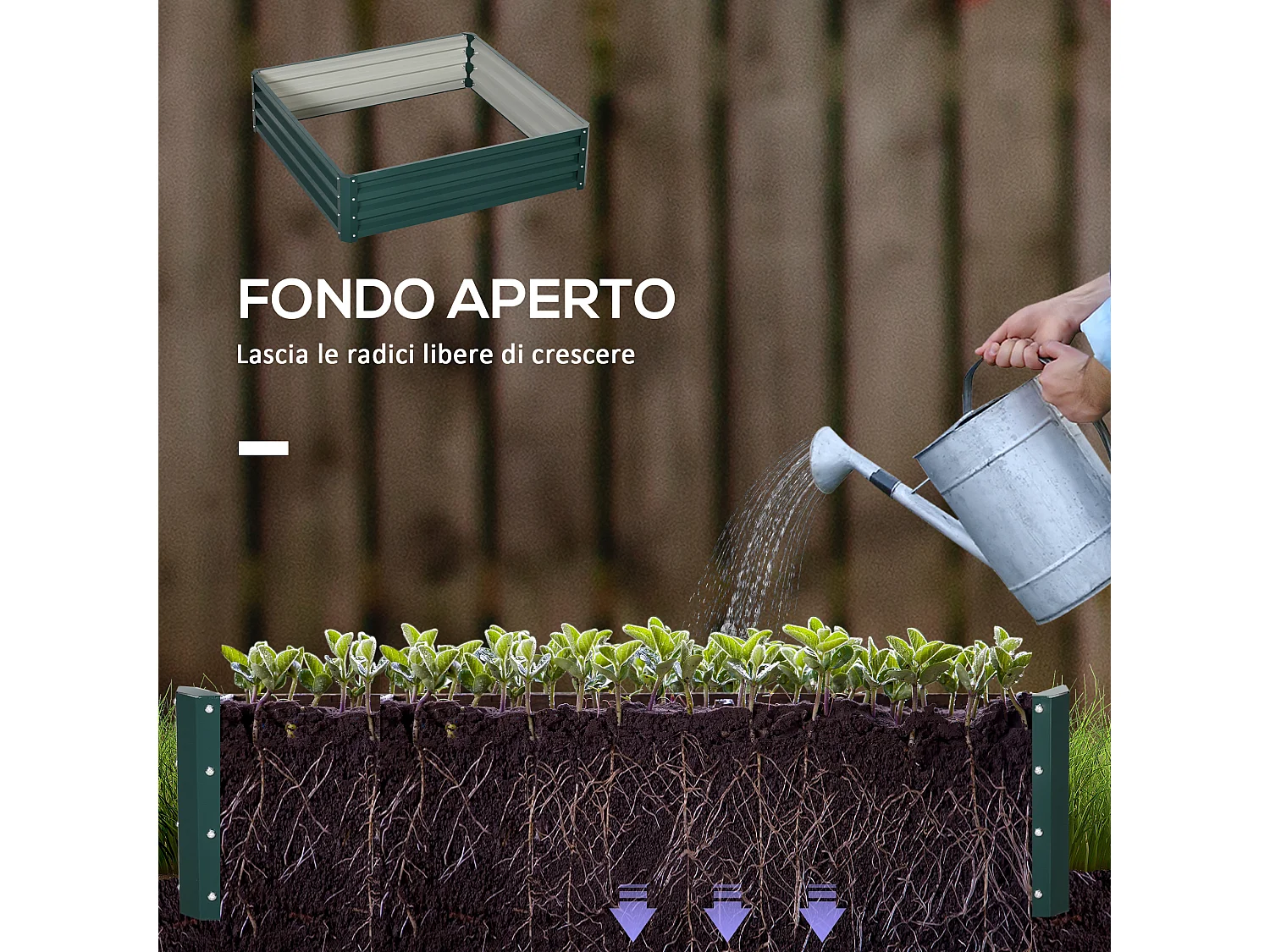 Letto per orto rialzato a fondo aperto in acciaio zincato verde