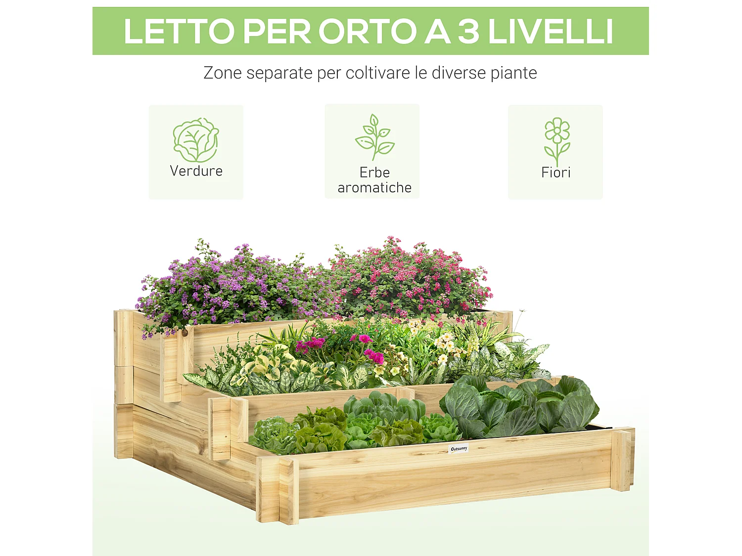 Orto rialzato a 3 livelli per piante da giardino in legno