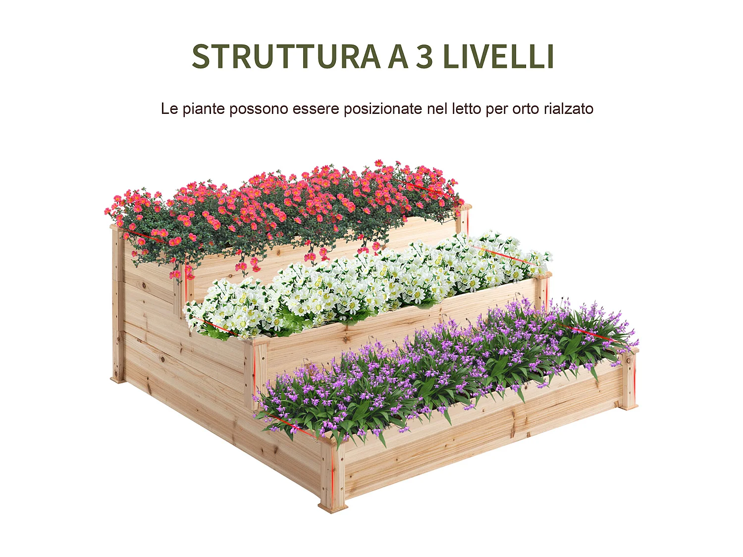 Lettino per orto rialzato a 3 livelli in legno naturale