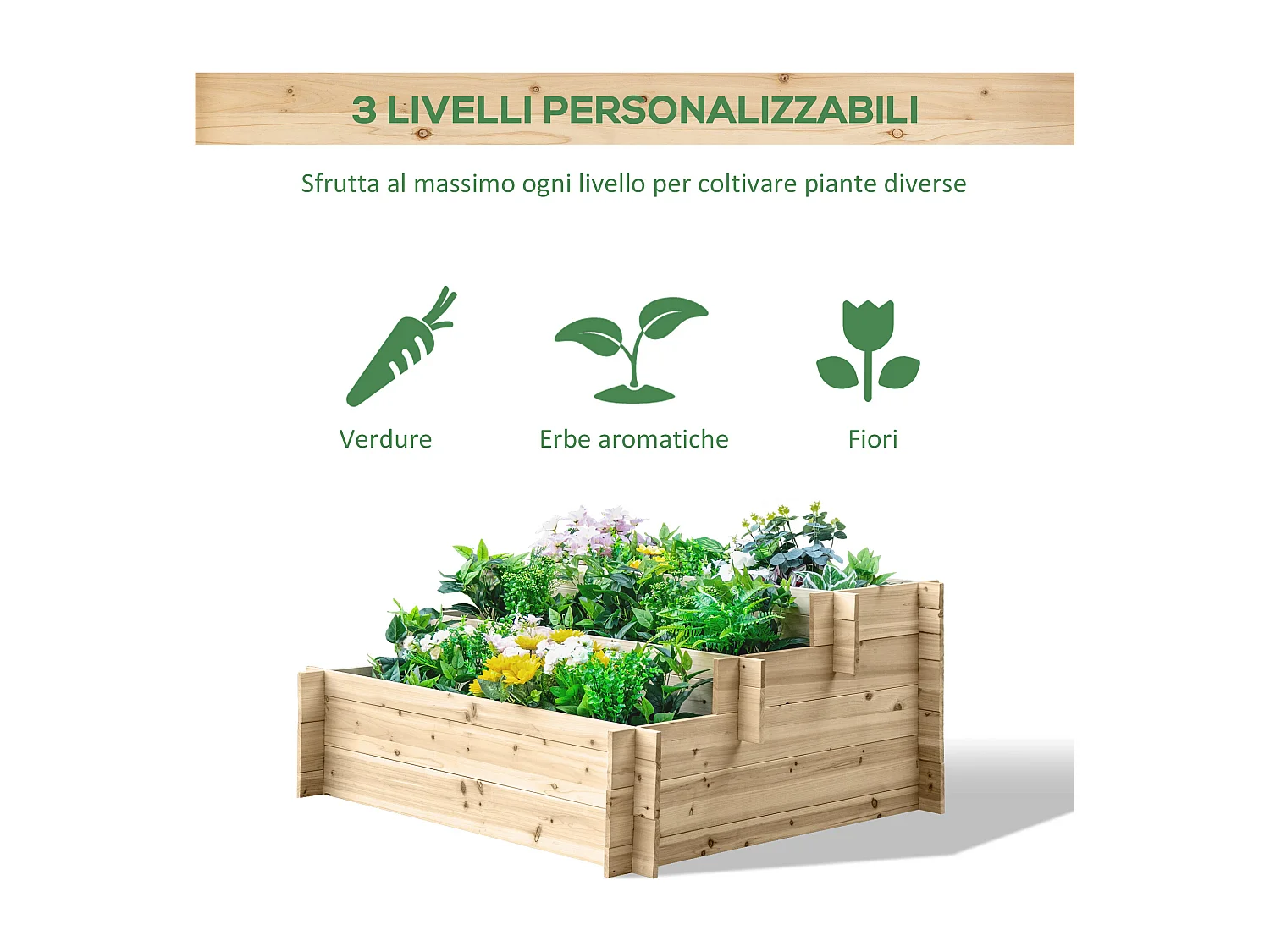 Fioriera in legno a 3 livelli cassetta per orto 120x100x54cm