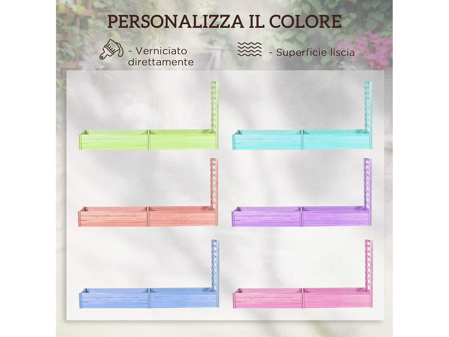 Fioriera con traliccio e fondo aperto in legno di abete 230x60x110 cm