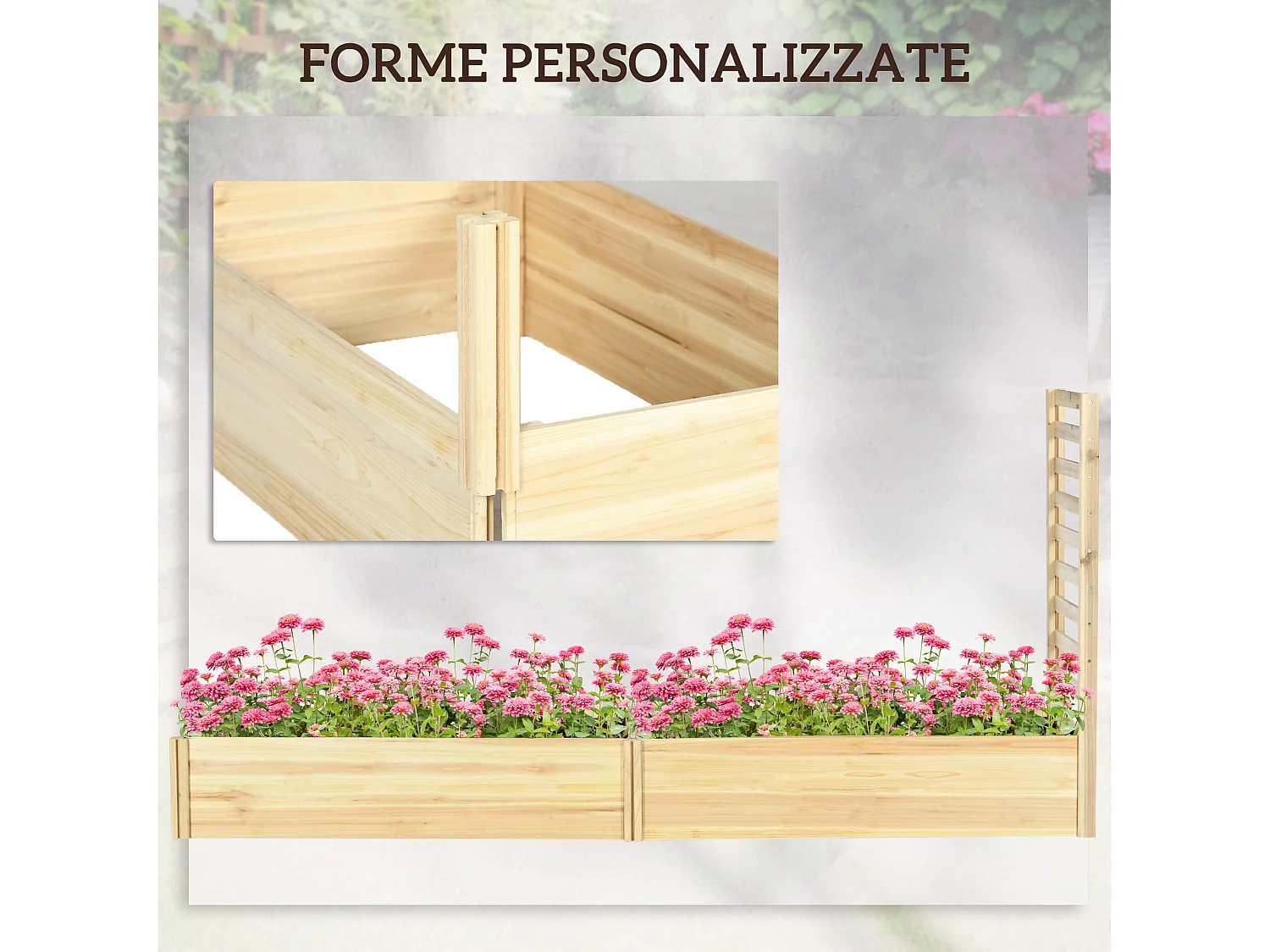 Fioriera con traliccio e fondo aperto in legno di abete 230x60x110 cm