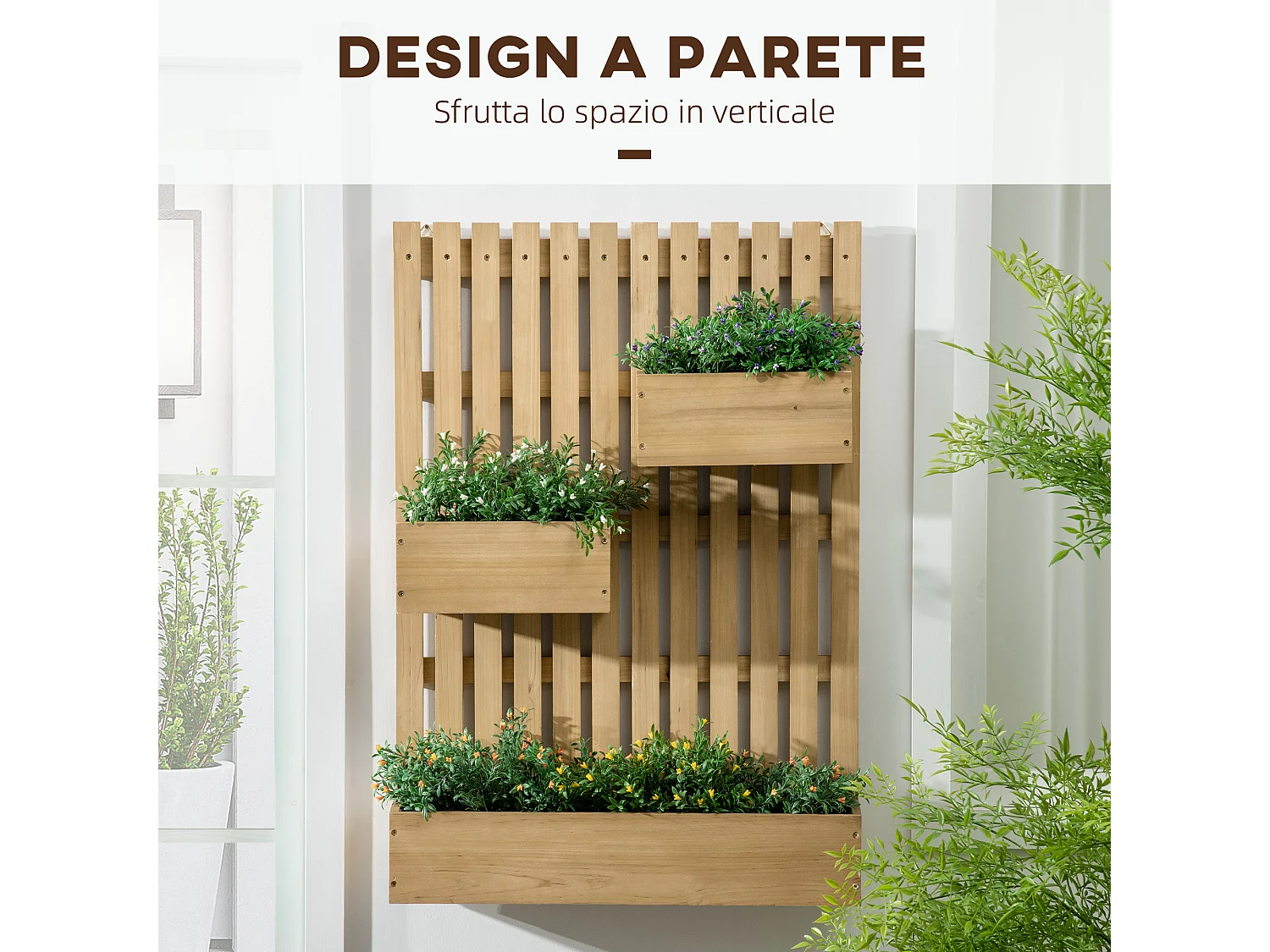 Fioriera da esterno verticale in legno con 3 vasi rimovibili