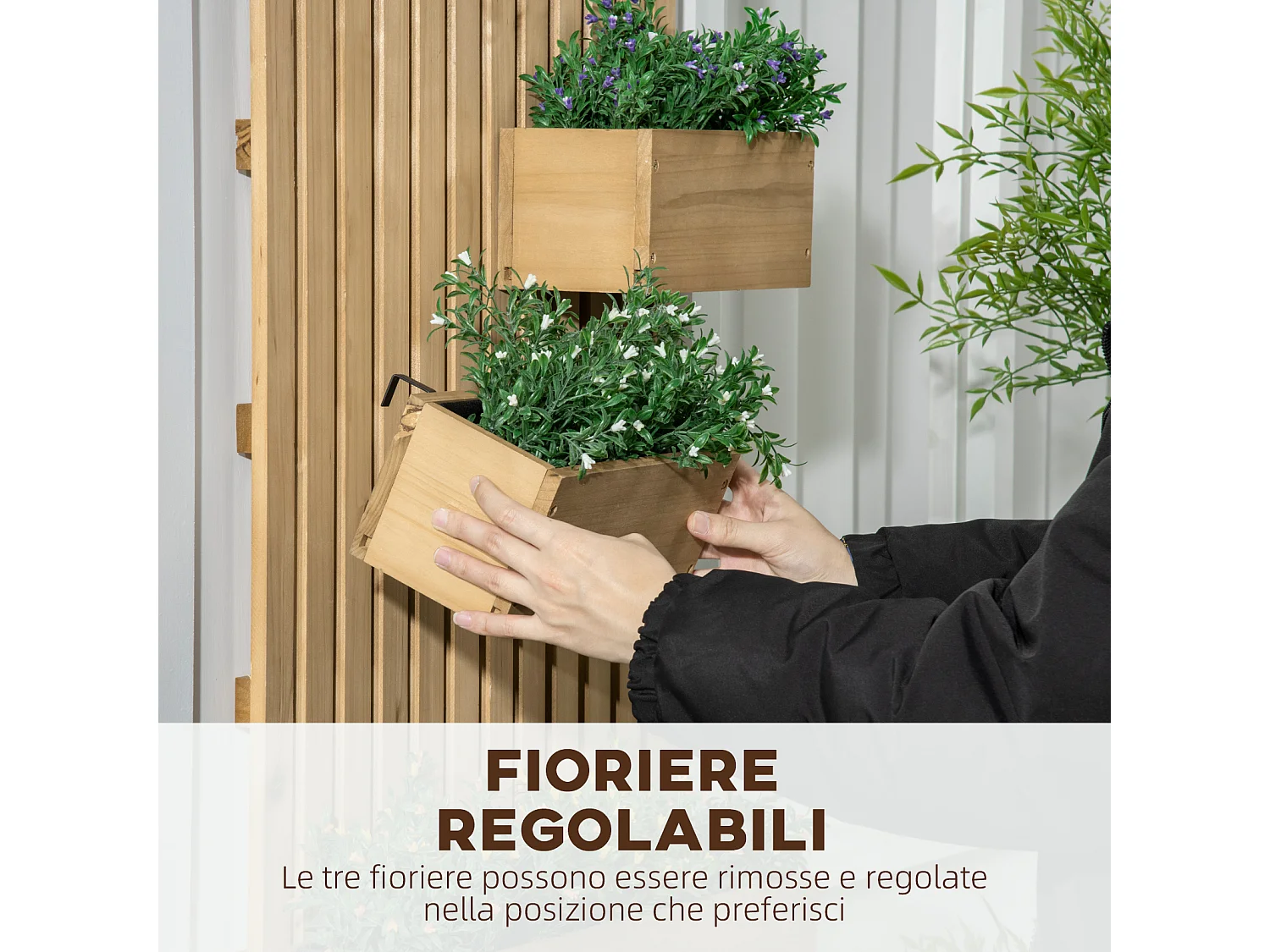 Fioriera da esterno verticale in legno con 3 vasi rimovibili