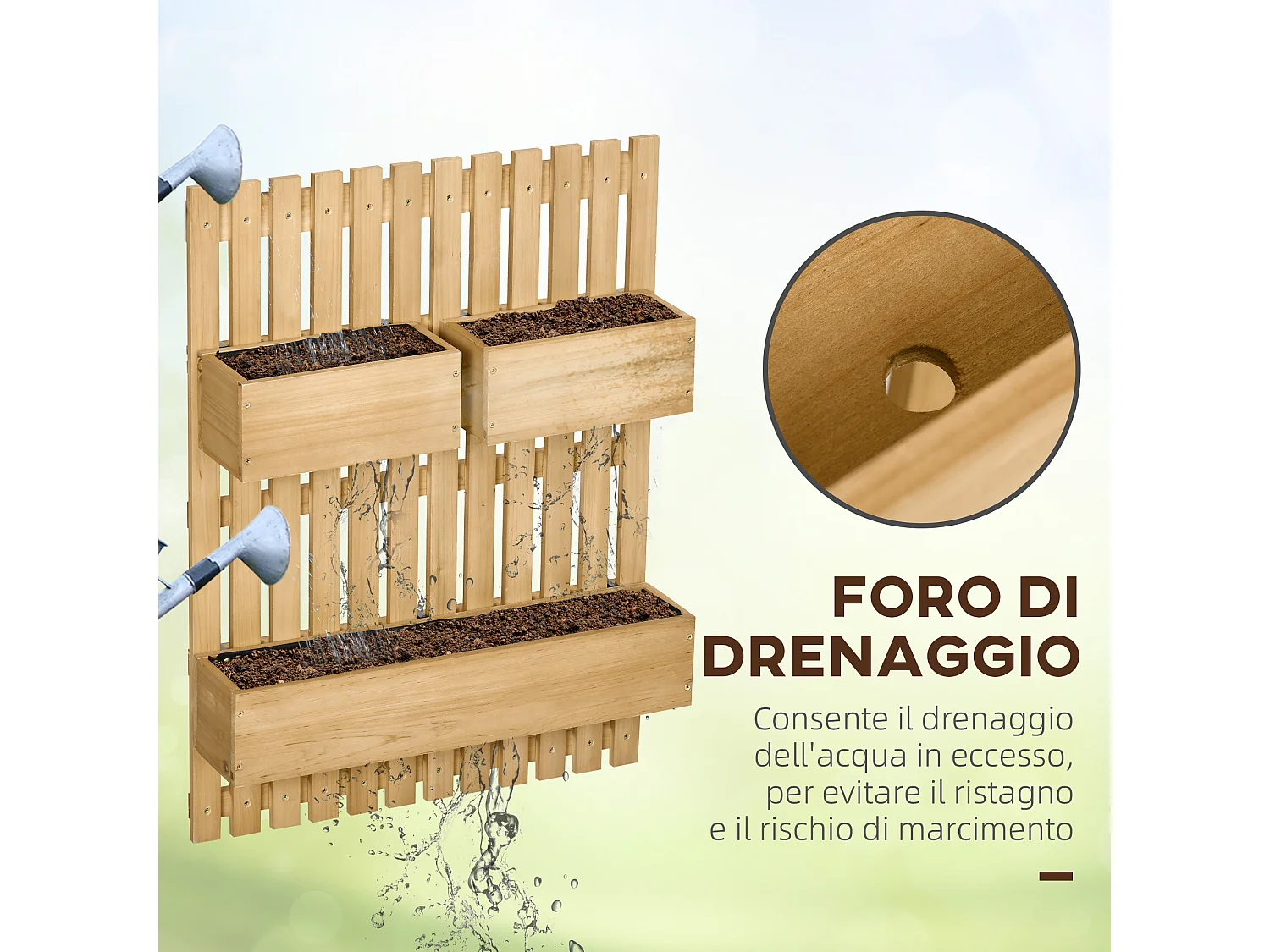 Fioriera da esterno verticale in legno con 3 vasi rimovibili