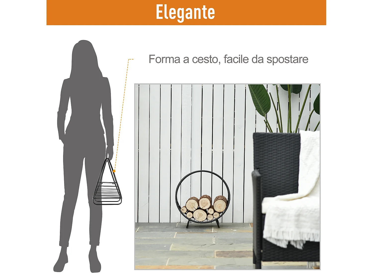 Portalegna in metallo per interni ed esterni con forma a cesto