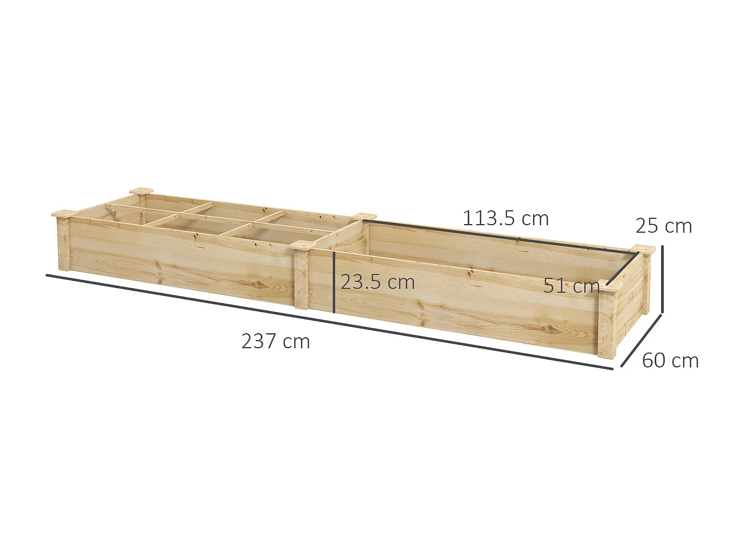 Letto per orto con divisorio e fondo aperto 237x60x25cm legno naturale