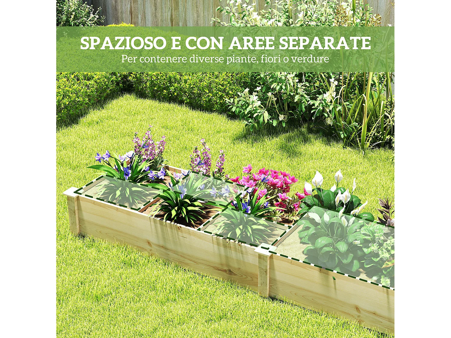 Letto per orto con divisorio e fondo aperto 237x60x25cm legno naturale