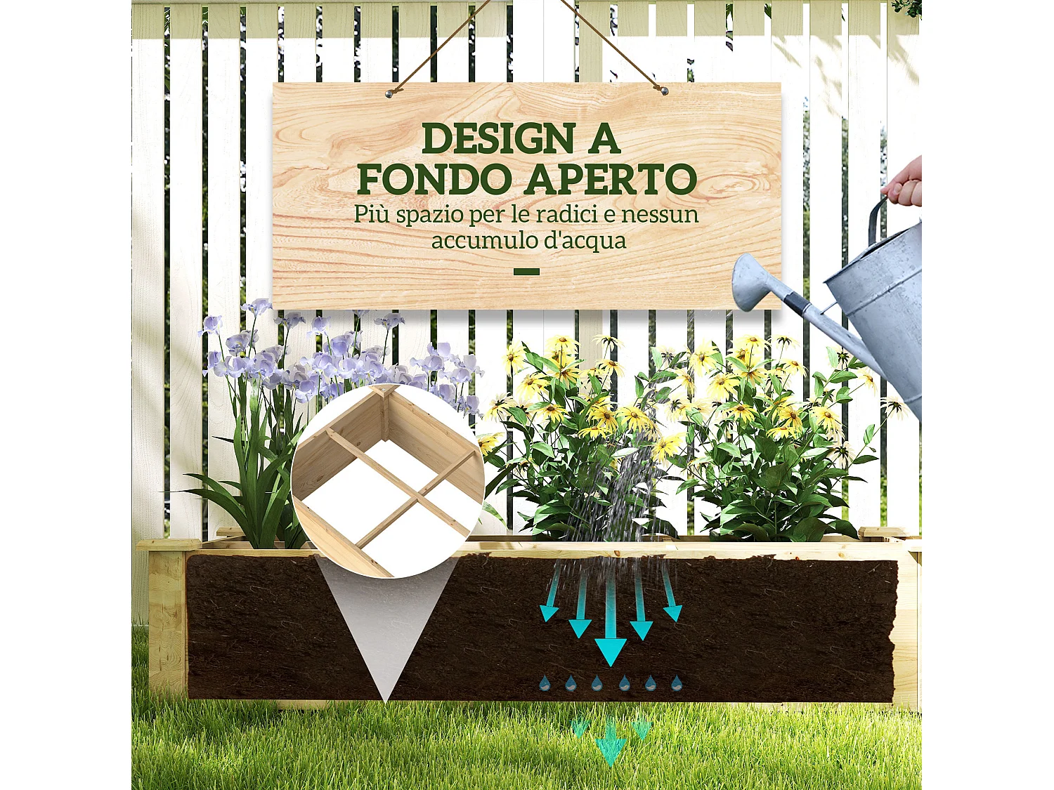 Letto per orto con divisorio e fondo aperto 237x60x25cm legno naturale