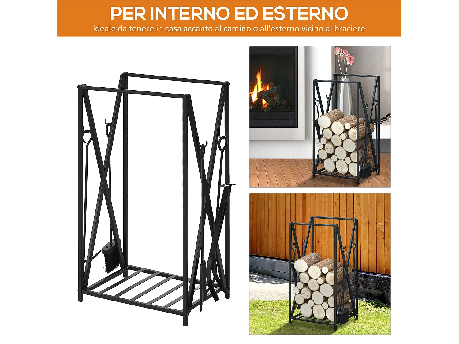 Porta legna da esterno e interno 4 attrezzi per camino inclusi