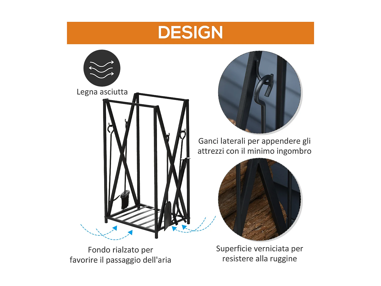 Porta legna da esterno e interno 4 attrezzi per camino inclusi