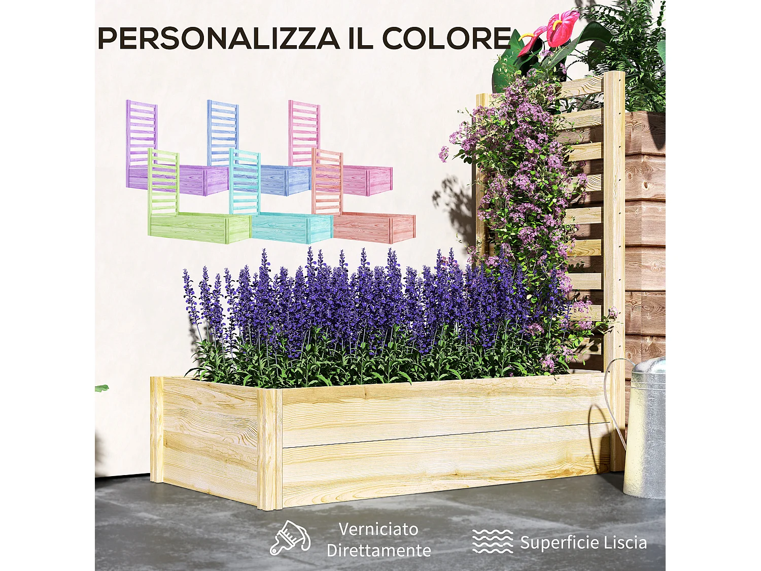 Fioriera con traliccio e fondo aperto in legno di abete 115x60x110 cm