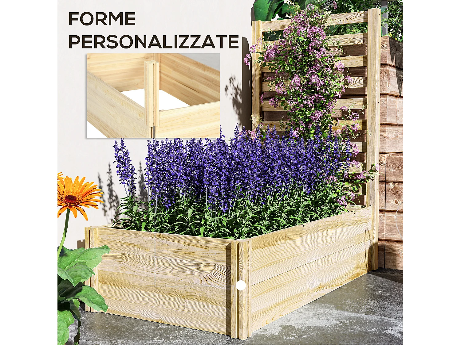 Fioriera con traliccio e fondo aperto in legno di abete 115x60x110 cm