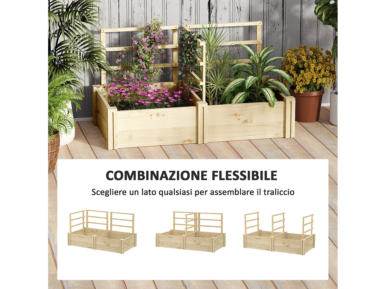 Letto per orto con 3 tralicci e 2 fioriere con fondo aperto in legno