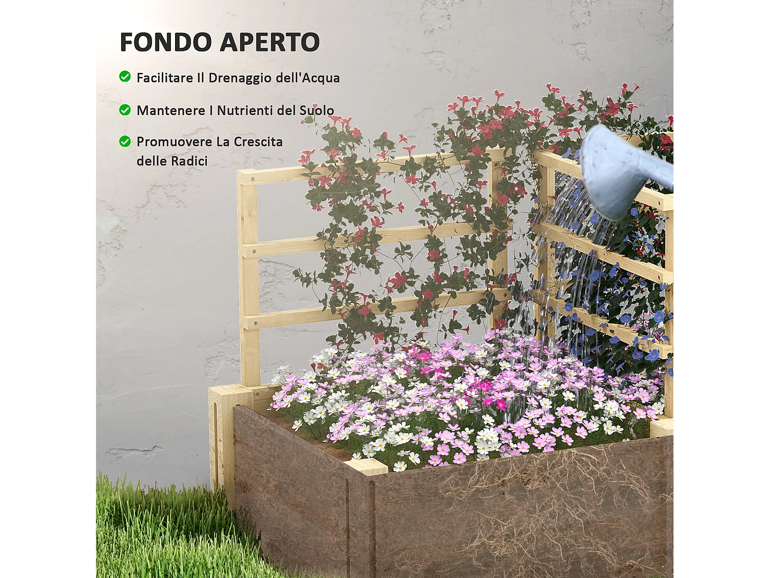 Letto per orto con 3 tralicci e 2 fioriere con fondo aperto in legno