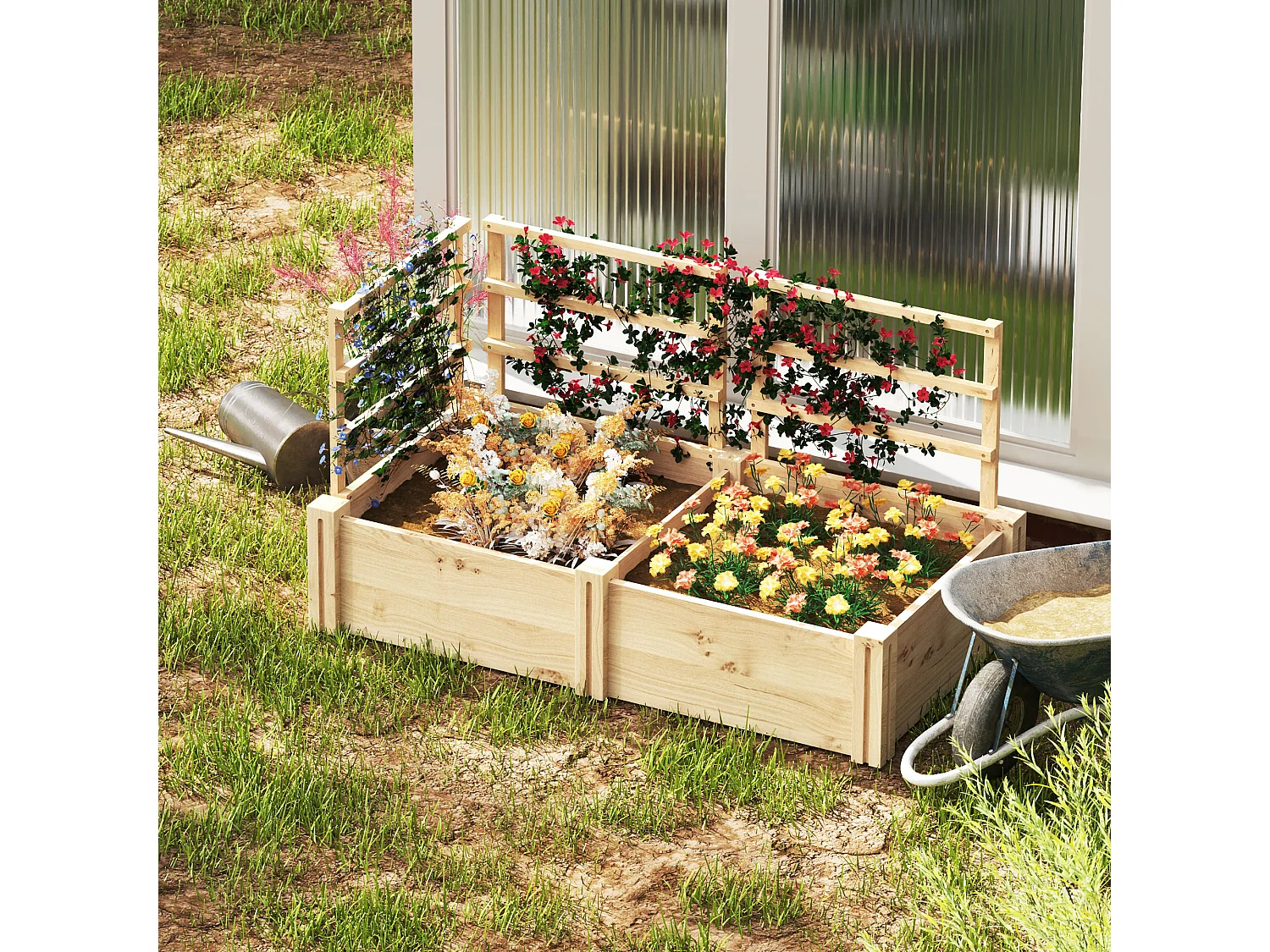 Letto per orto con 3 tralicci e 2 fioriere con fondo aperto in legno