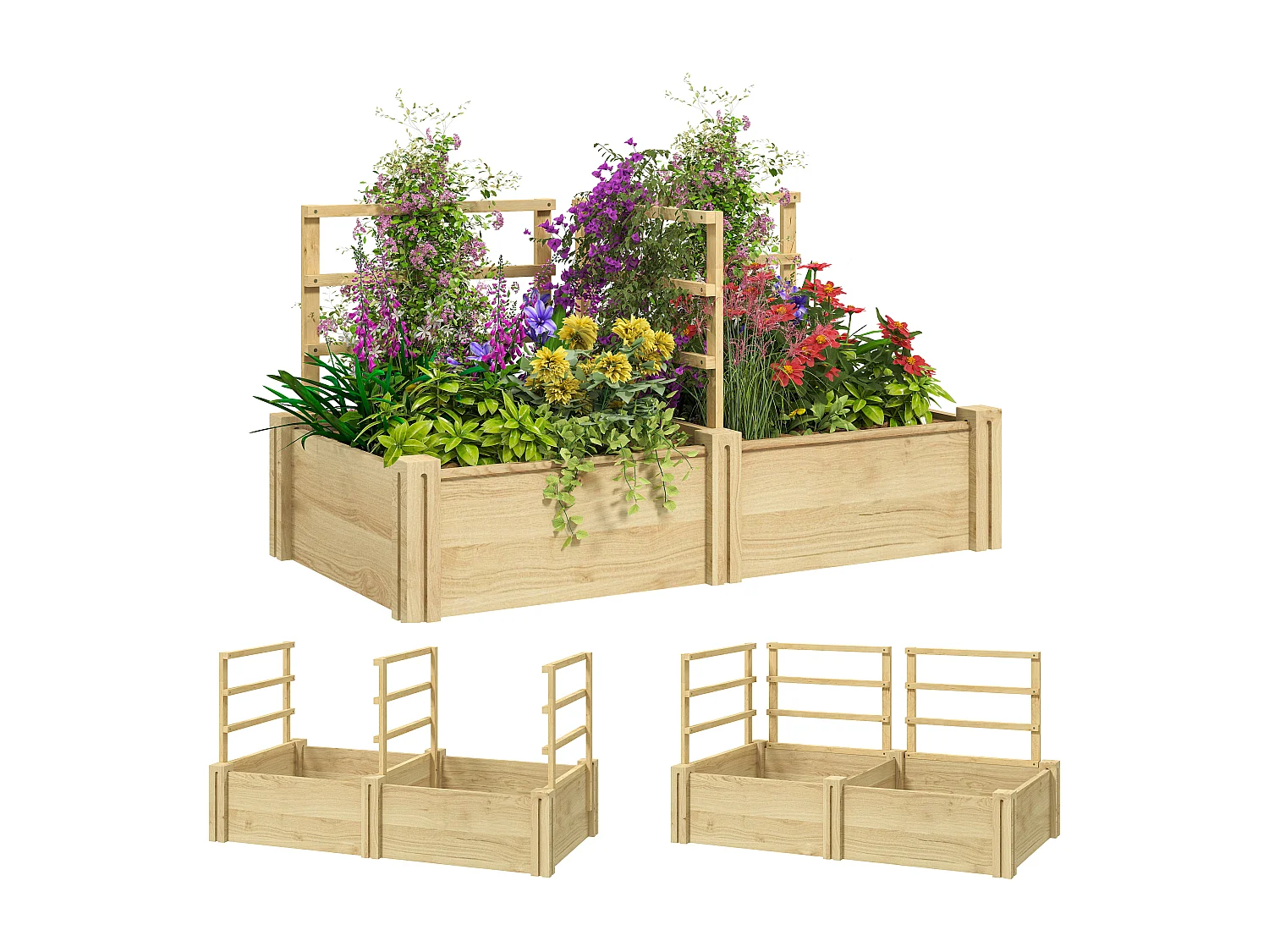 Letto per orto con 3 tralicci e 2 fioriere con fondo aperto in legno