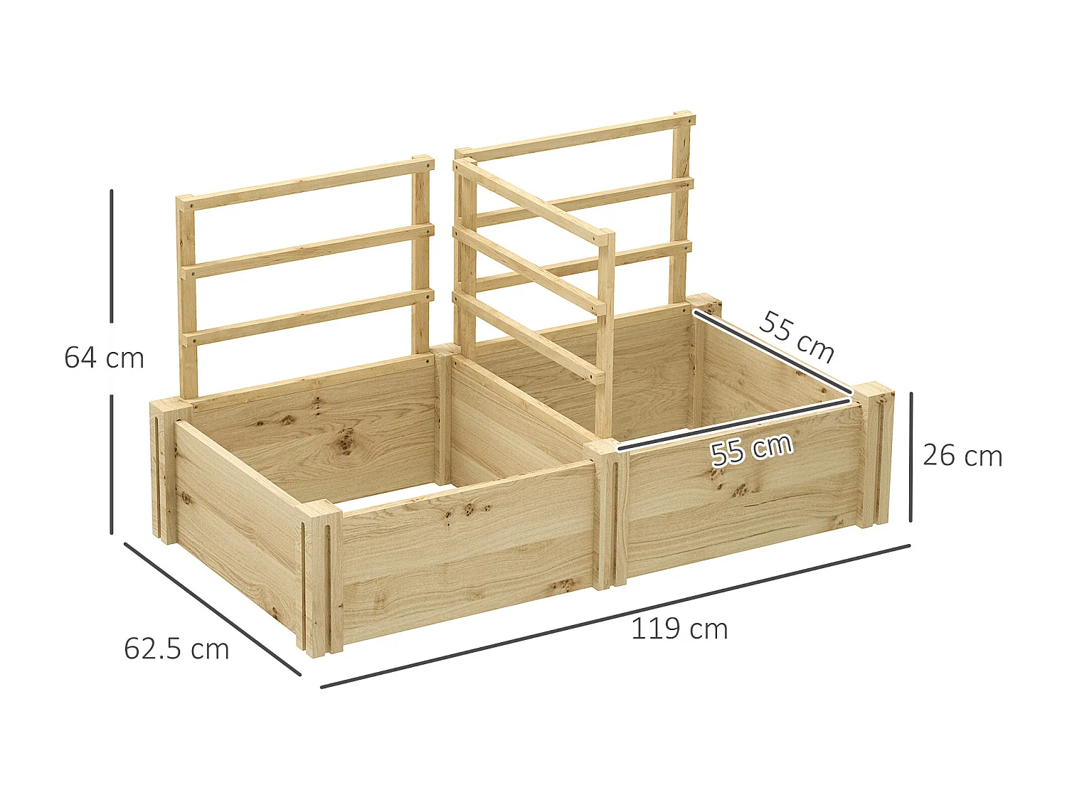 Letto per orto con 3 tralicci e 2 fioriere con fondo aperto in legno