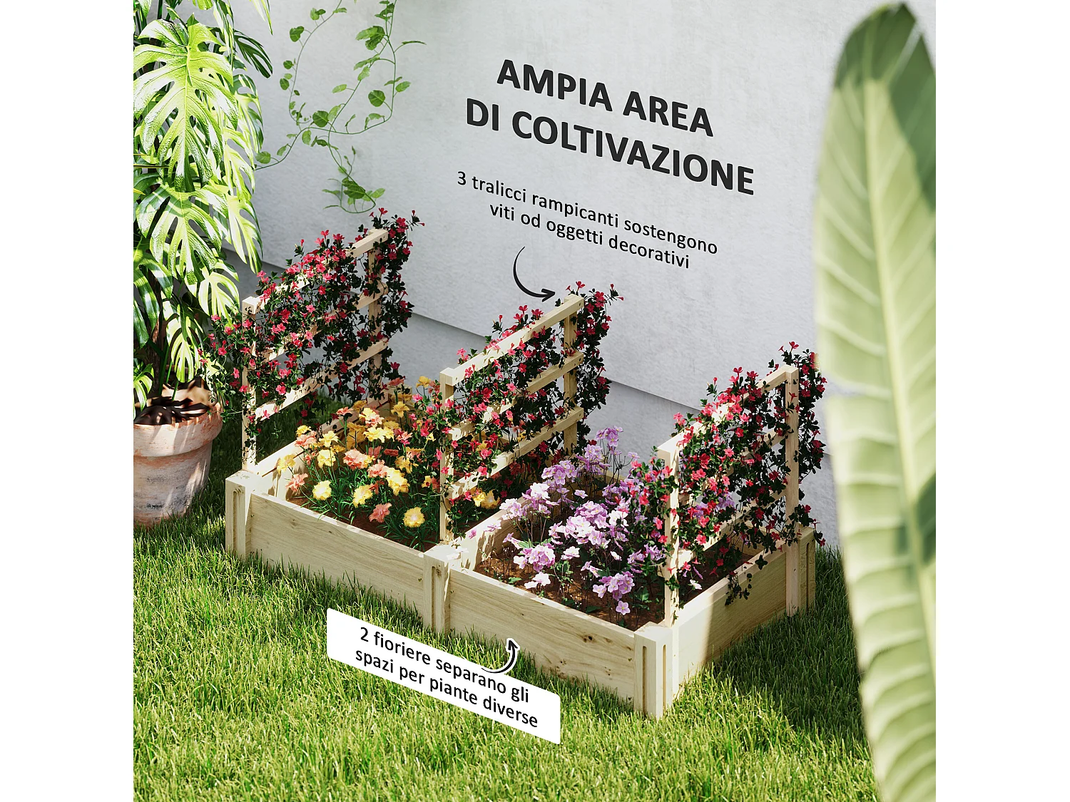 Letto per orto con 3 tralicci e 2 fioriere con fondo aperto in legno