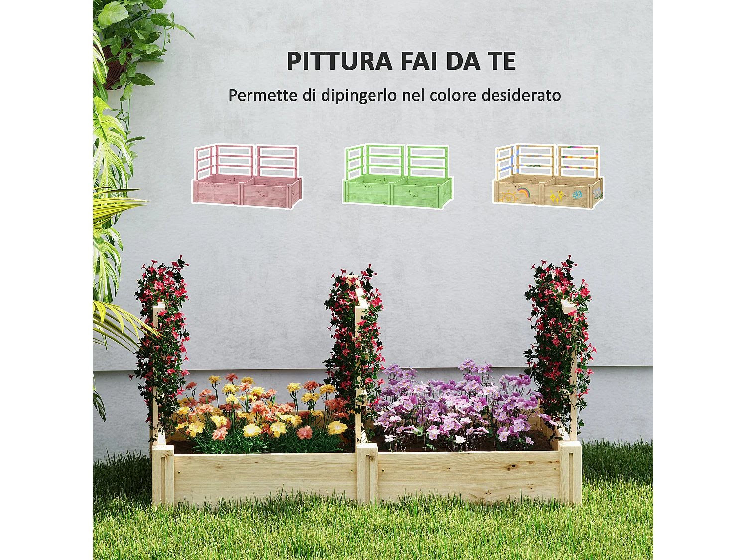 Letto per orto con 3 tralicci e 2 fioriere con fondo aperto in legno
