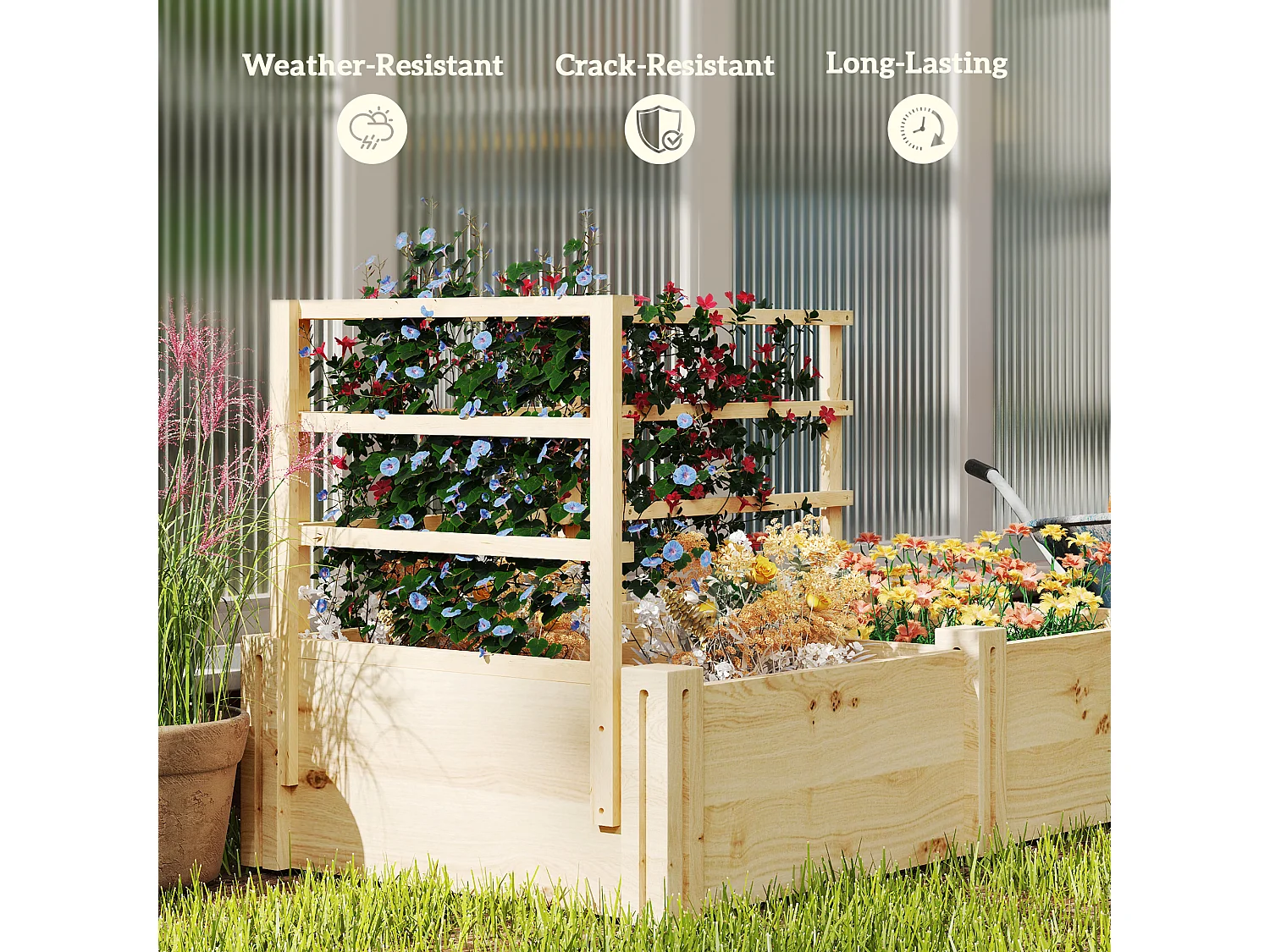 Letto per orto con 3 tralicci e 2 fioriere con fondo aperto in legno