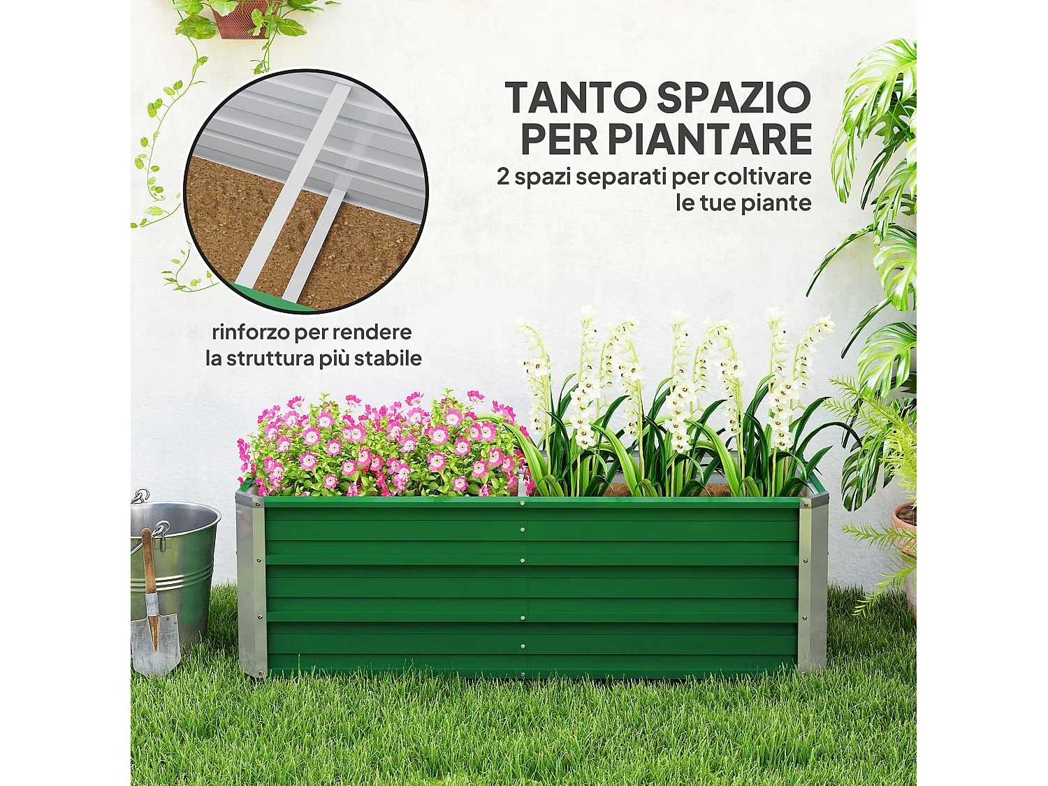 Fioriera da esterno senza fondo con 2 aree di coltivazione verde
