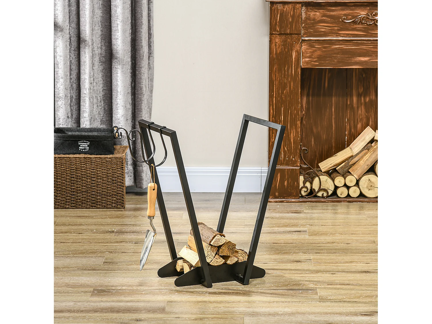 Portalegna con ganci da esterno e interno in acciaio nero