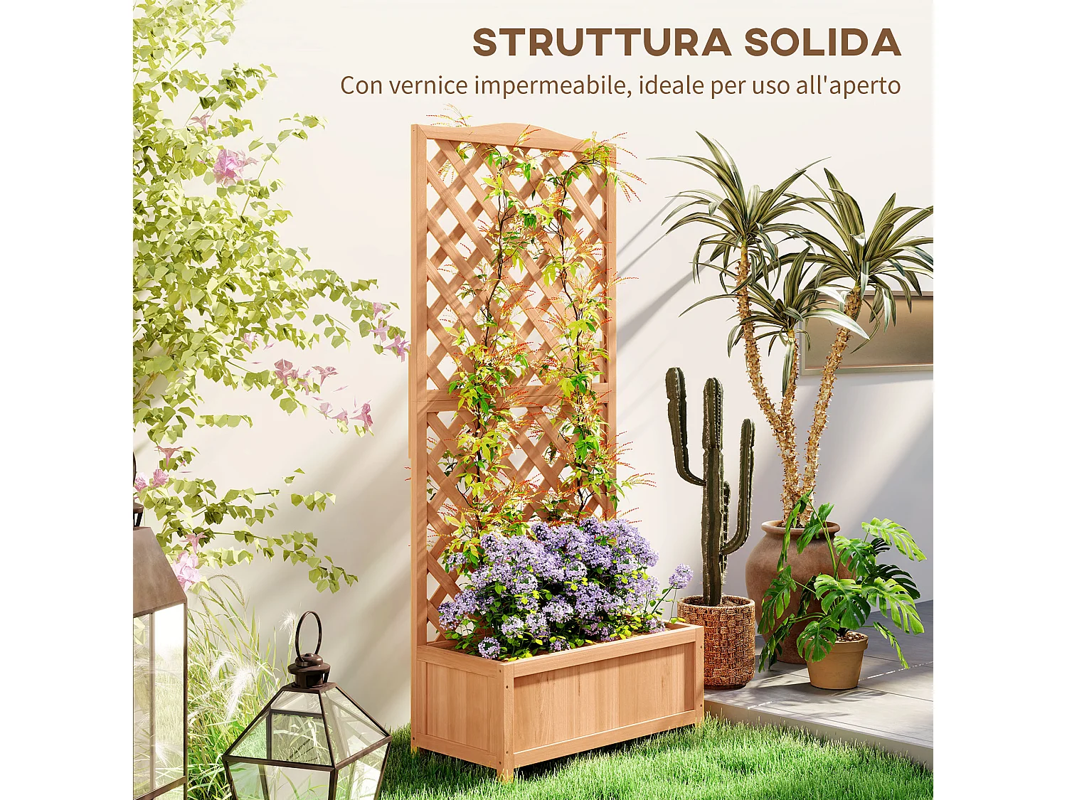 Fioriera con traliccio per rampicanti in legno di abete marrone