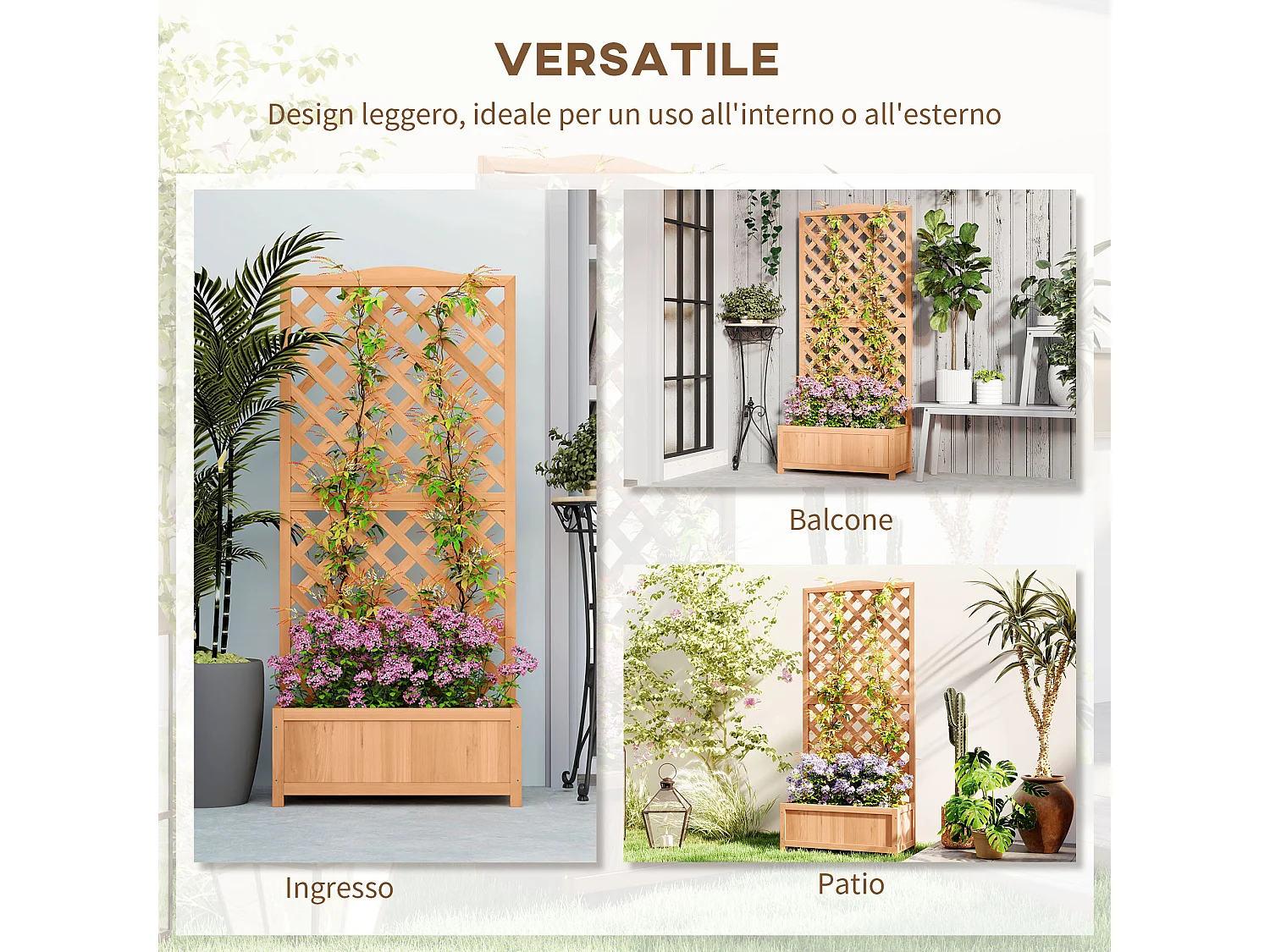 Fioriera con traliccio per rampicanti in legno di abete marrone