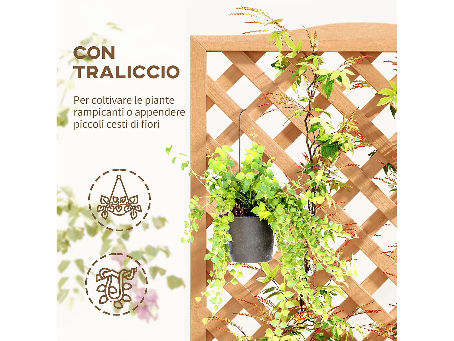 Fioriera con traliccio per rampicanti in legno di abete marrone
