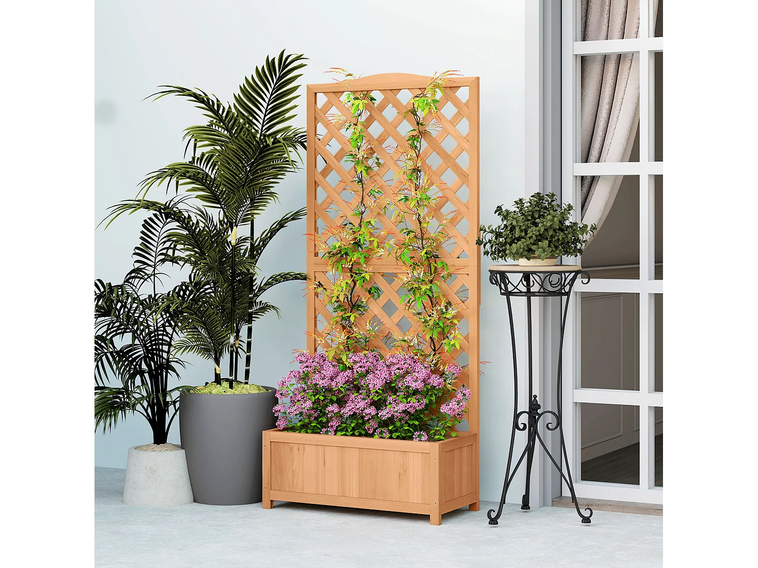 Fioriera con traliccio per rampicanti in legno di abete marrone