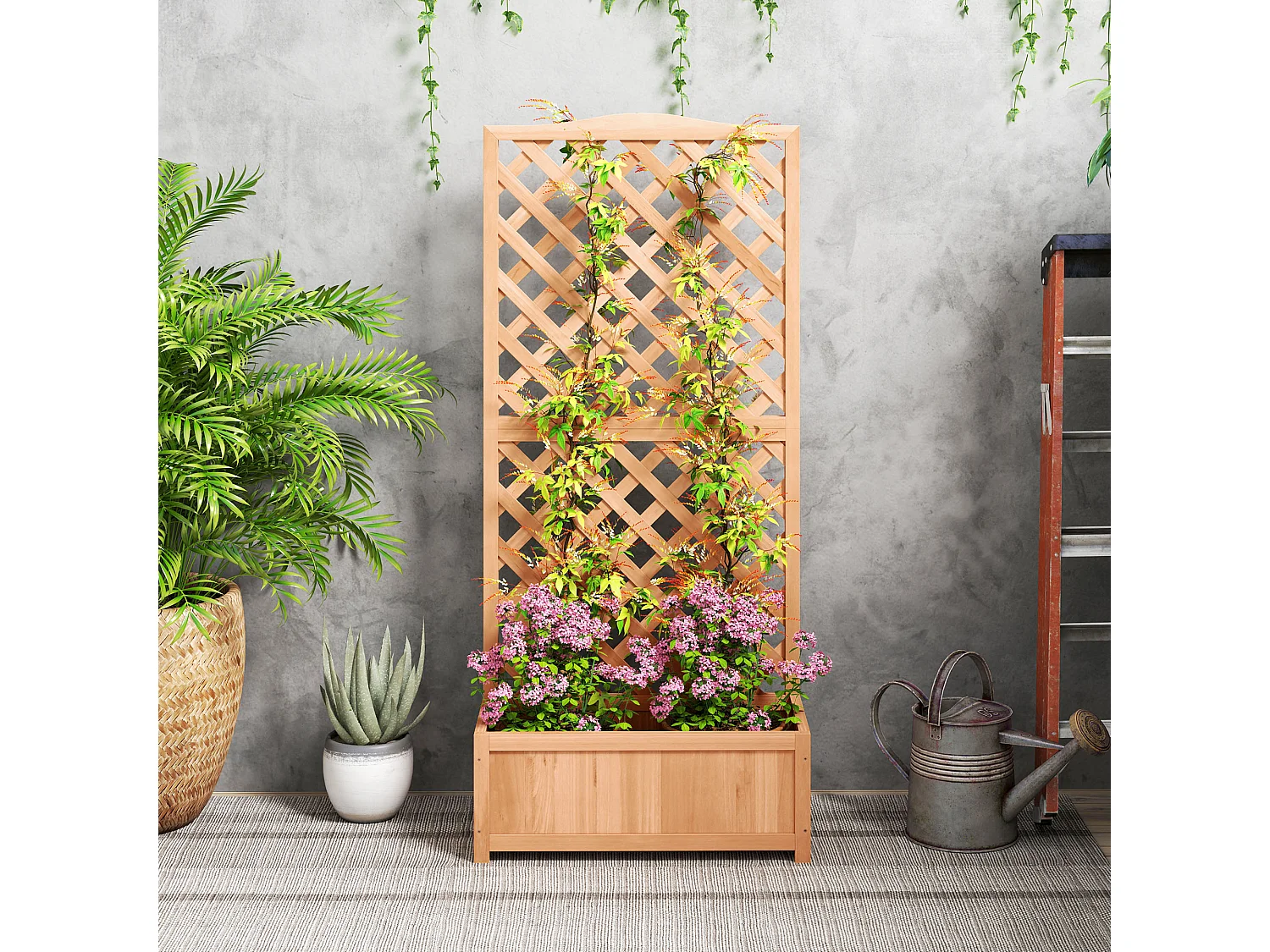 Fioriera con traliccio per rampicanti in legno di abete marrone