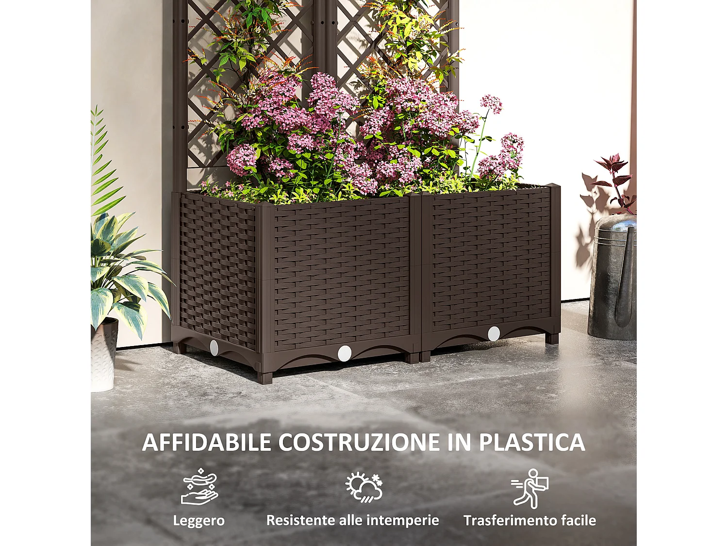 Fioriera per esterno con traliccio per rampicanti 80x40x135 cm marrone