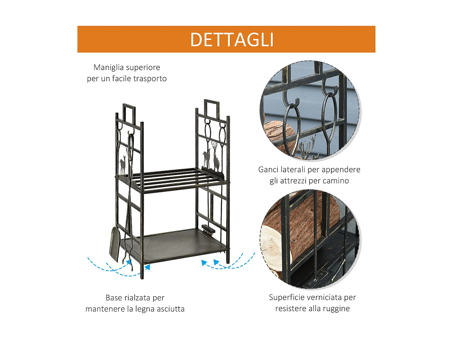 Portalegna in ferro battuto con 4 attrezzi per camino