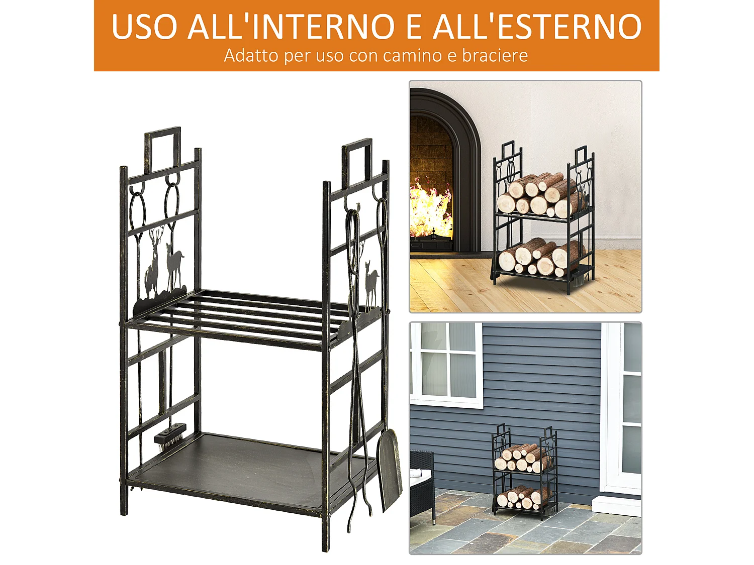 Portalegna in ferro battuto con 4 attrezzi per camino
