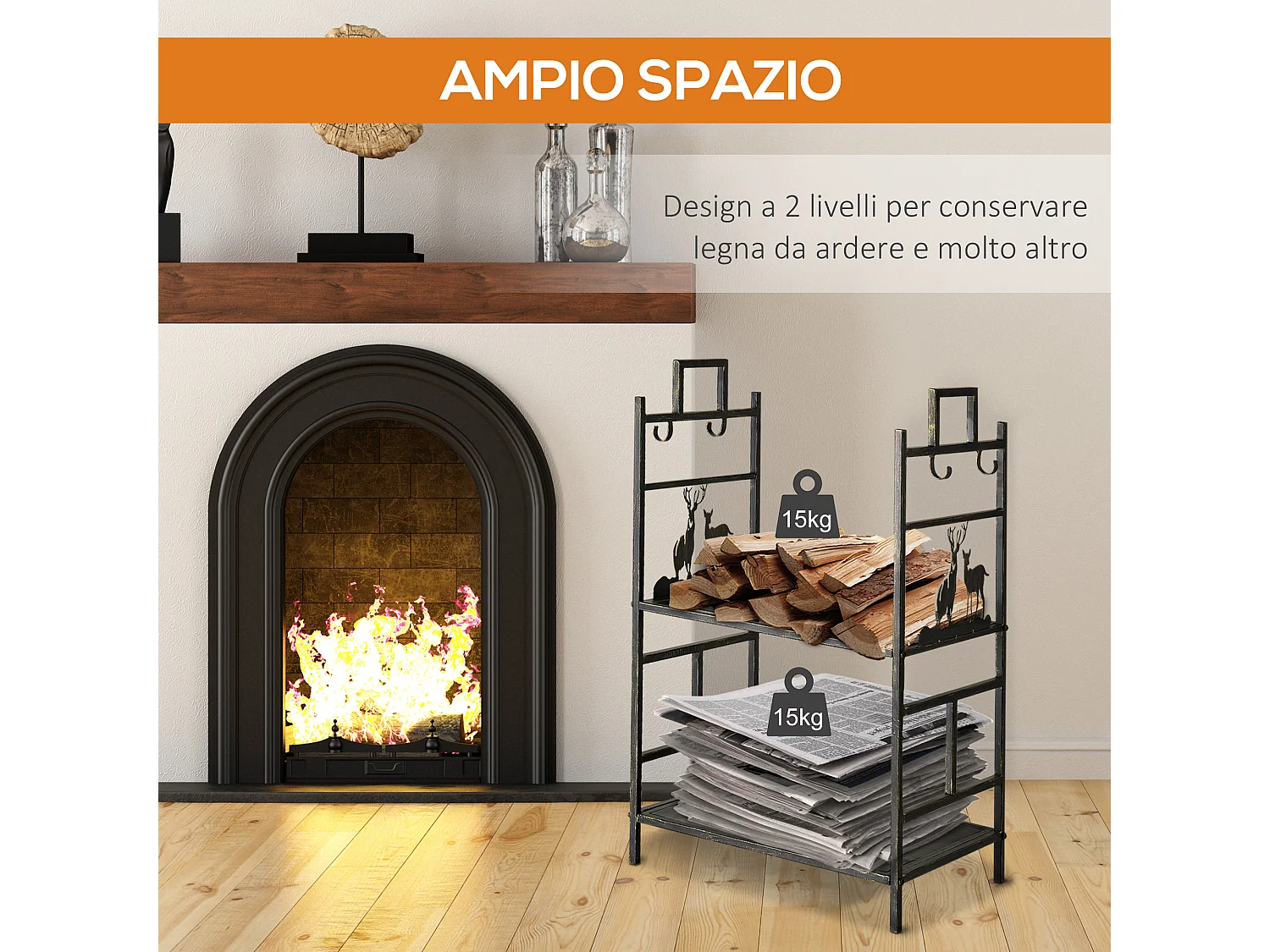 Portalegna in ferro battuto con 4 attrezzi per camino