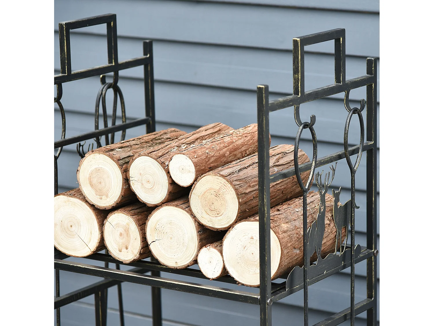 Portalegna in ferro battuto con 4 attrezzi per camino