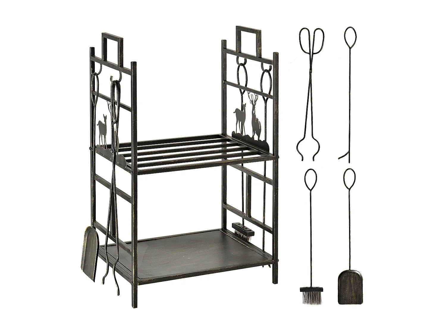 Portalegna in ferro battuto con 4 attrezzi per camino