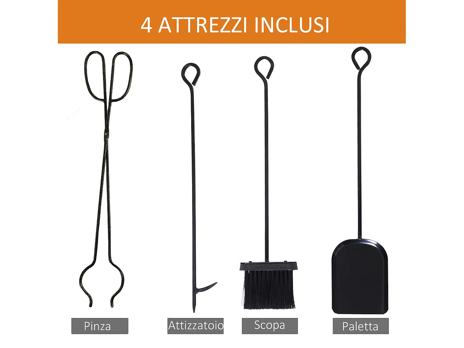 Portalegna in ferro battuto con 4 attrezzi per camino