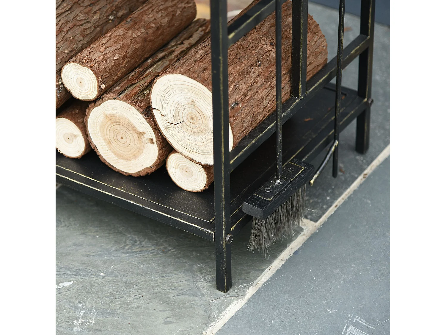 Portalegna in ferro battuto con 4 attrezzi per camino