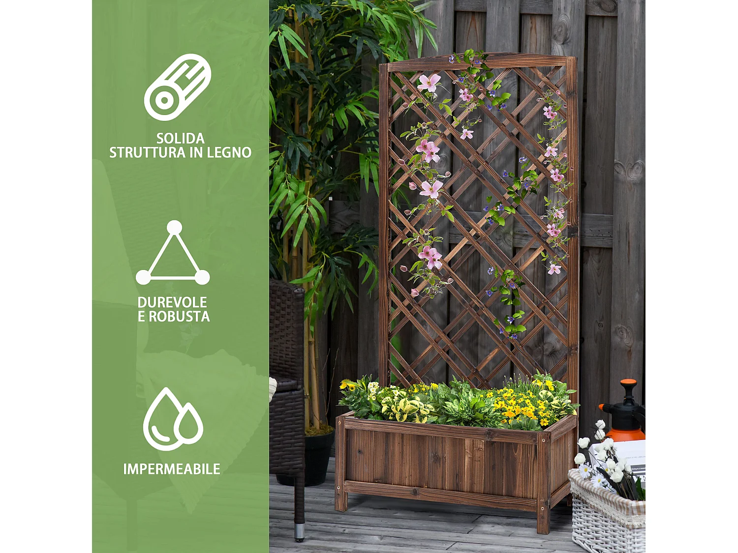Fioriera da esterno con grigliato 60x30x122.5 cm in legno marrone