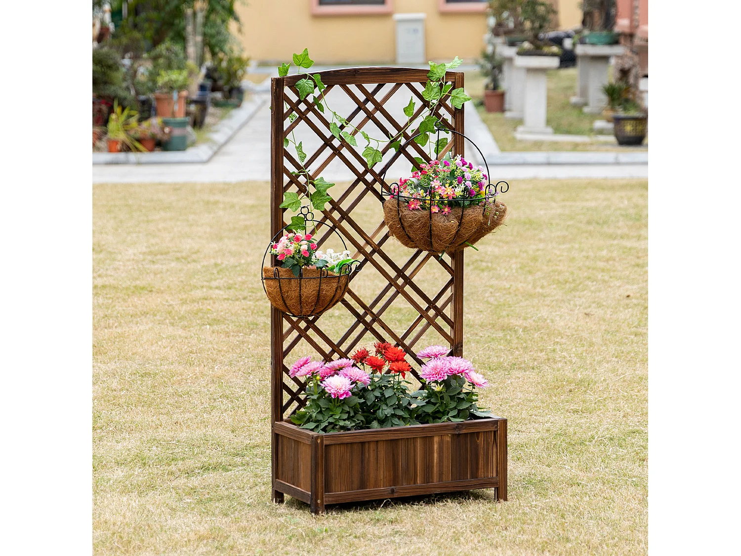 Fioriera da esterno con grigliato 60x30x122.5 cm in legno marrone