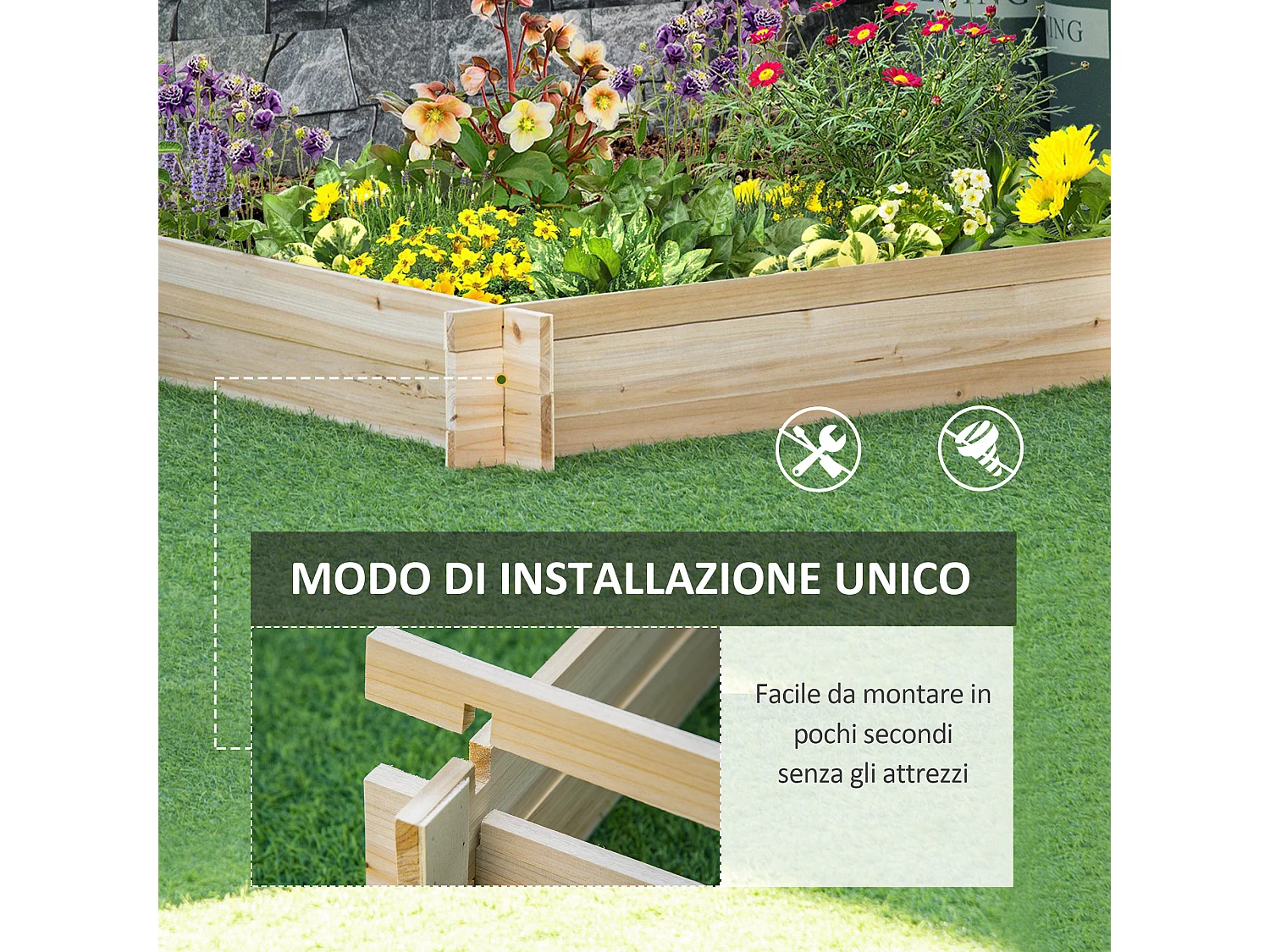 Letto per orto e giardino in legno montaggio senza viti 1x1m