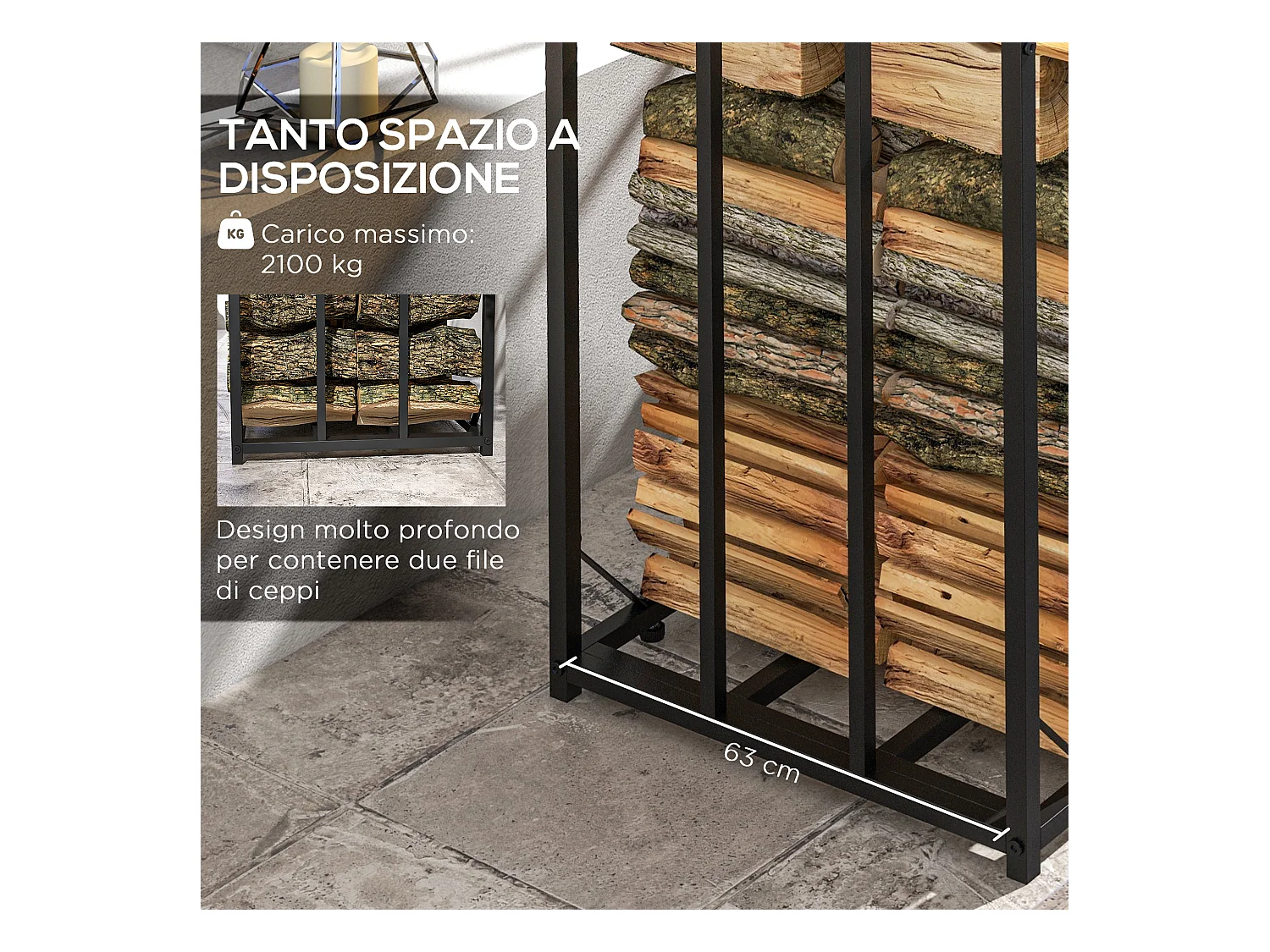 Legnaia da esterno in metallo e tetto in policarbonato nero