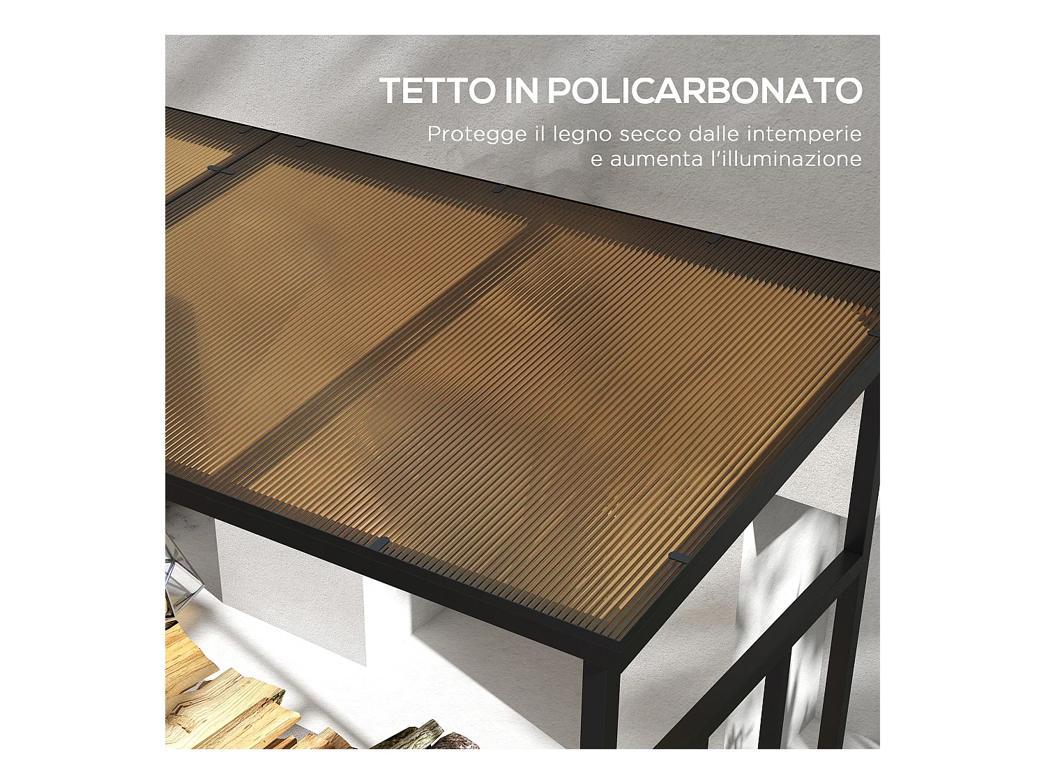 Legnaia da esterno in metallo e tetto in policarbonato nero