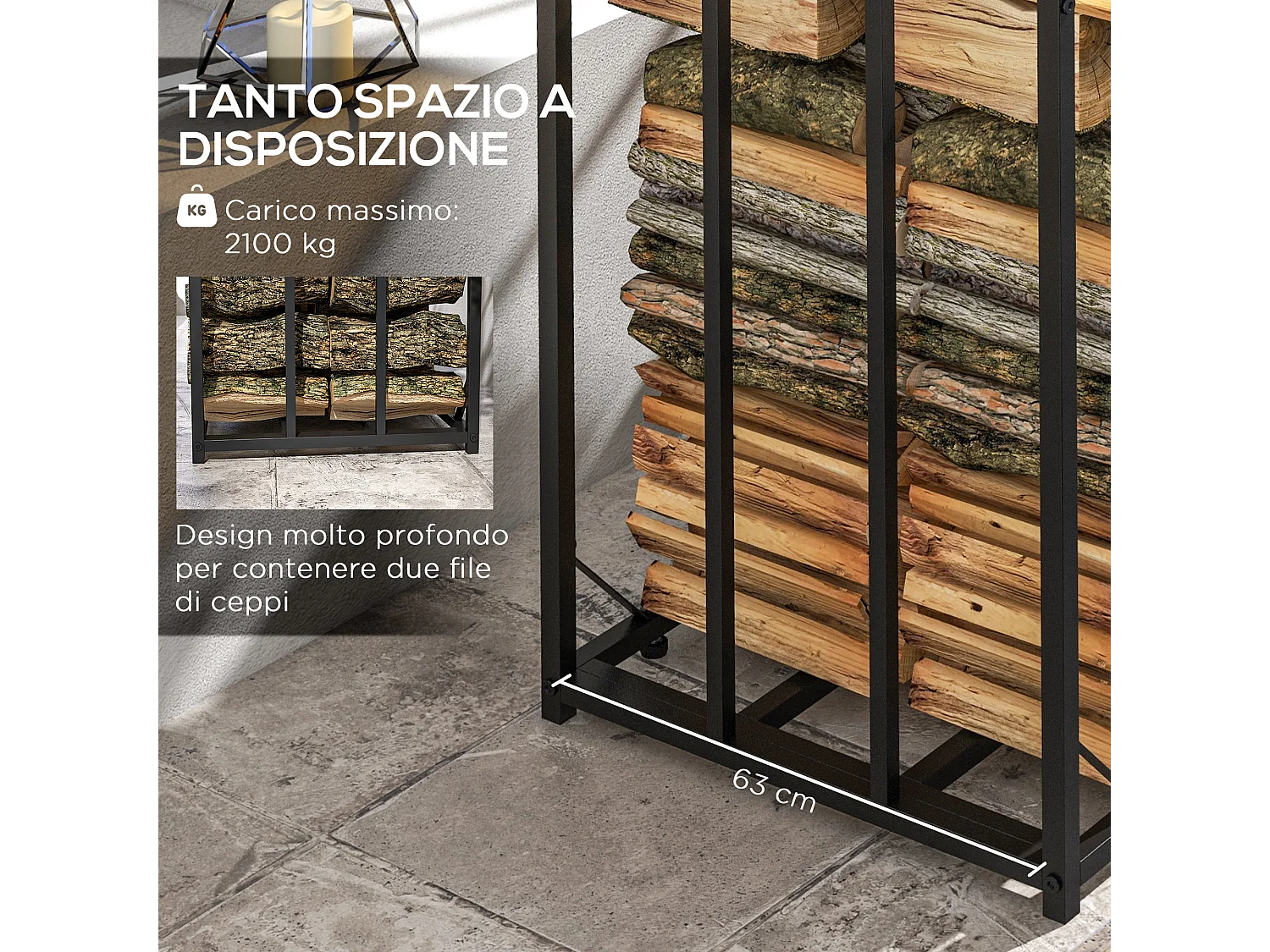 Legnaia da esterno in metallo e tetto in policarbonato nero