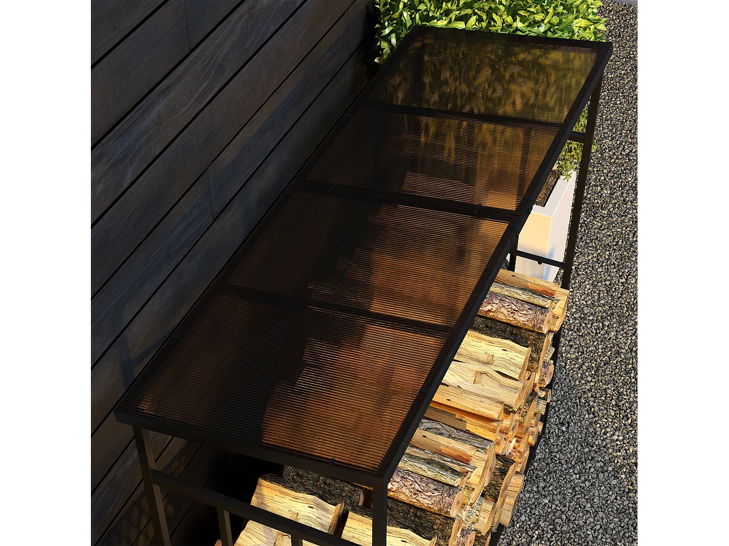 Legnaia da esterno in metallo e tetto in policarbonato nero